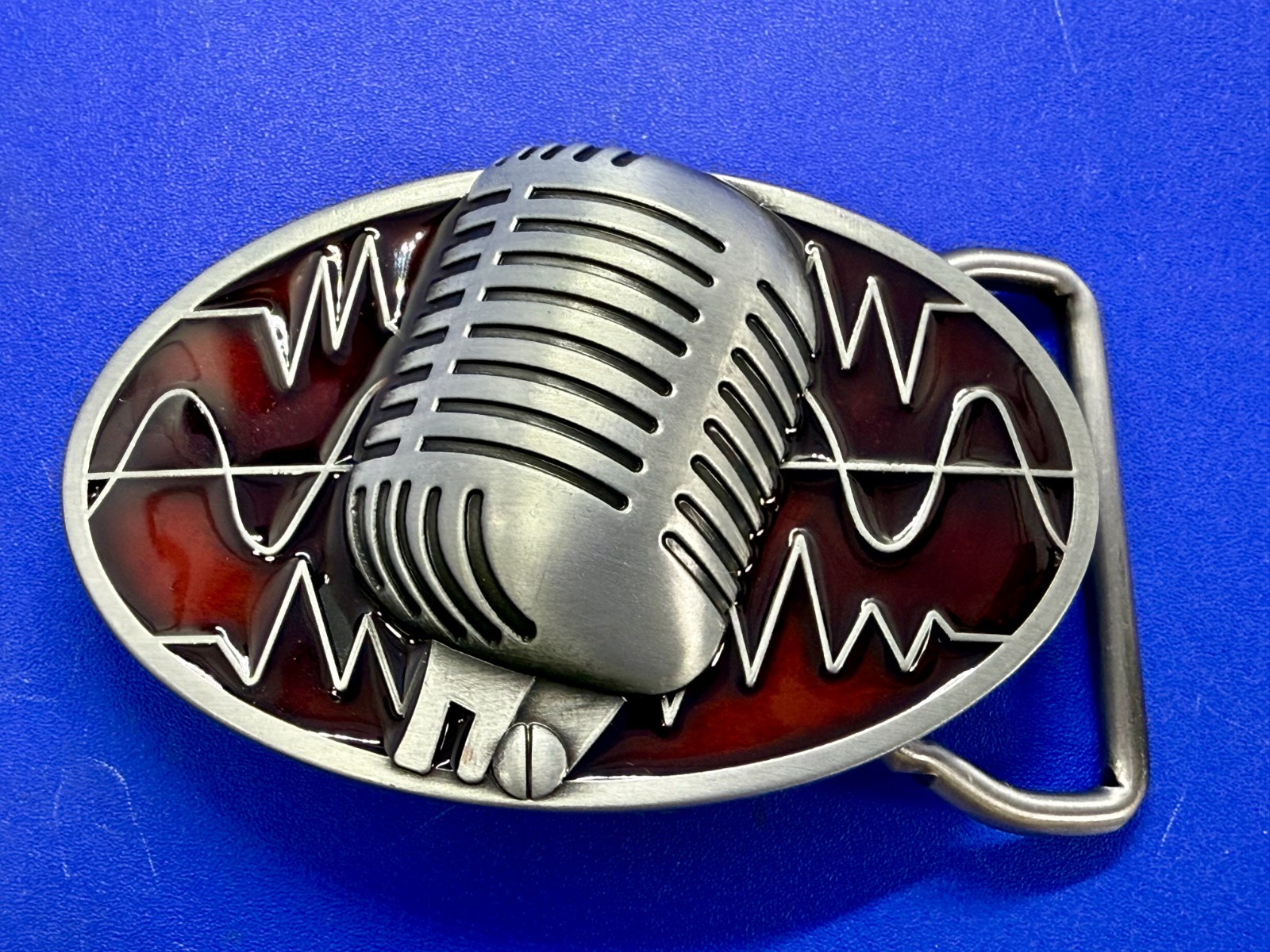 Retro Music Elvis Style Microphone Red Enameled Musician Ribbon Mic Belt Buckle