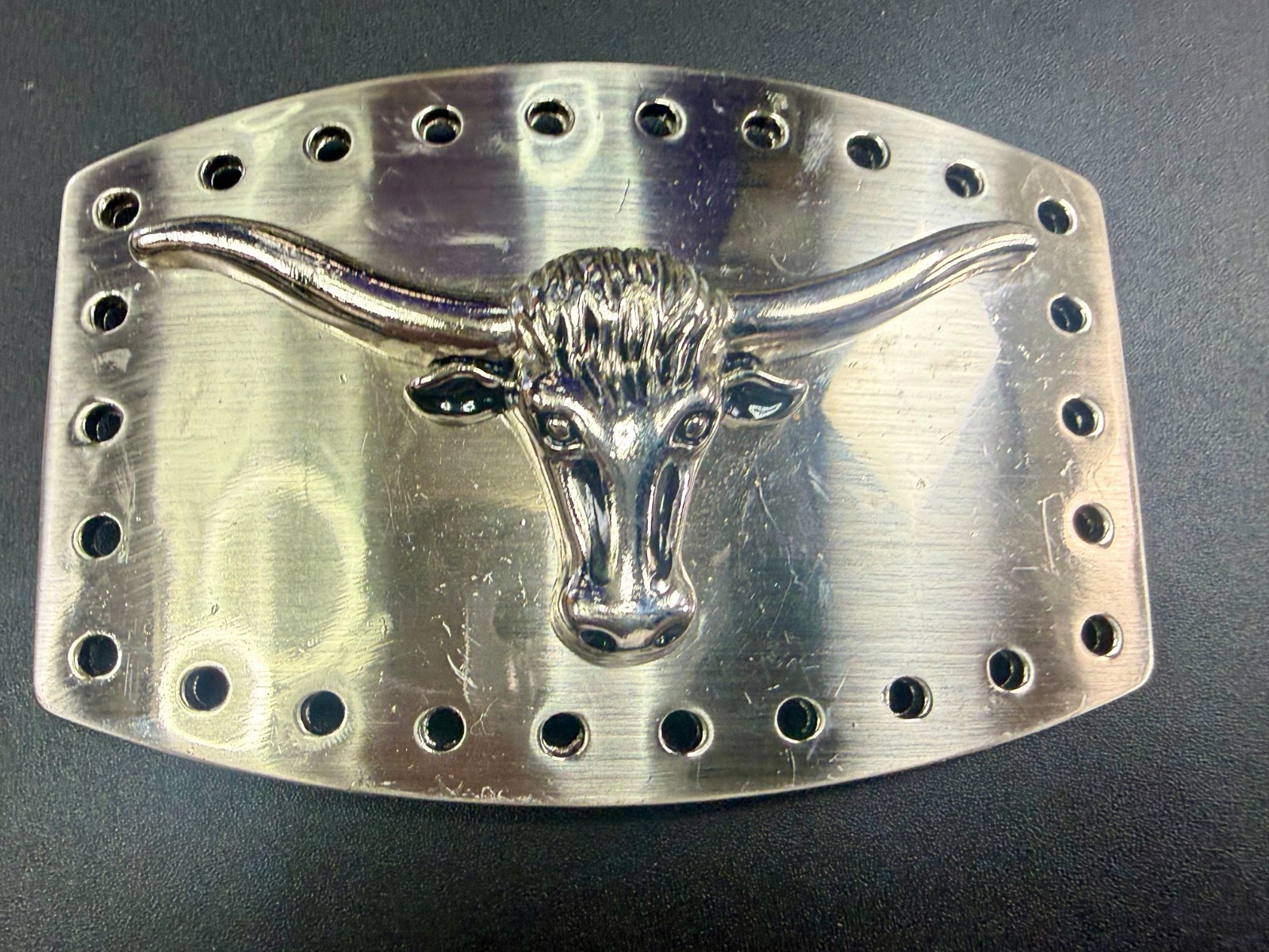 Texas Longhorn Cow Bull Head Steer Hole Border Silver Color Western Belt Buckle