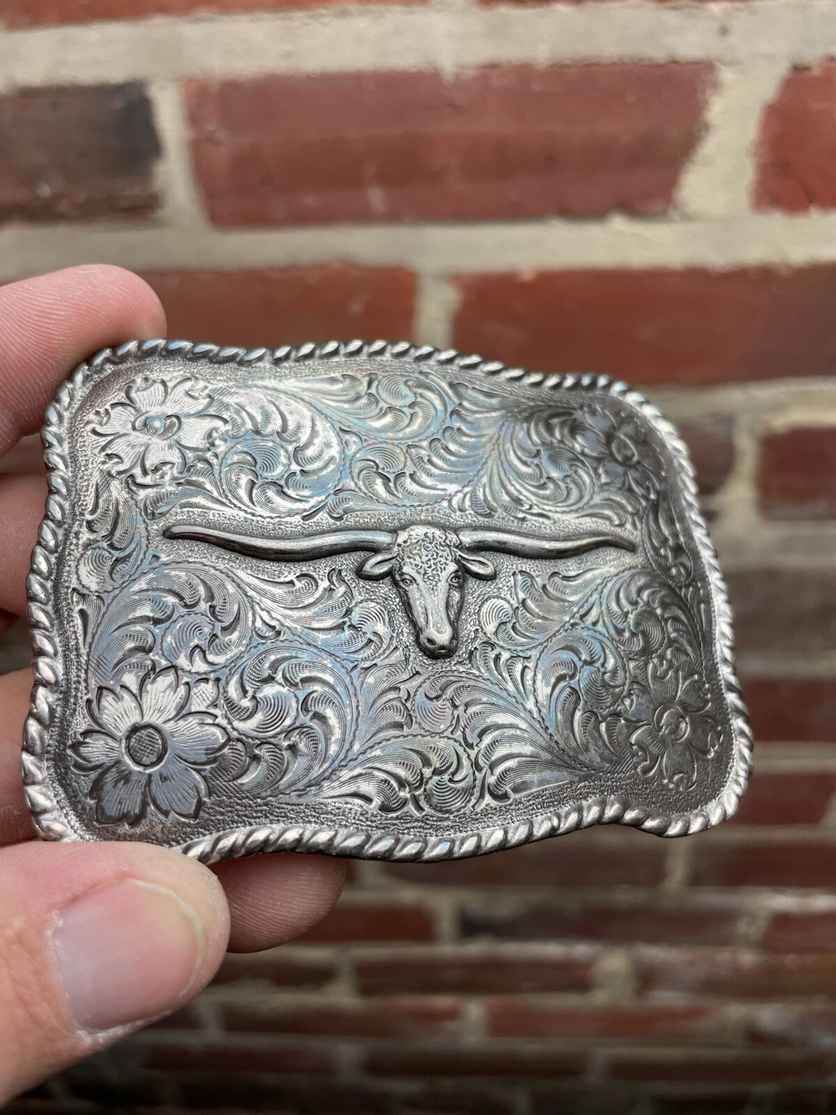 Nocona Long Horn Steer Head Rope Border Engraved Floral Pattern Western Buckle