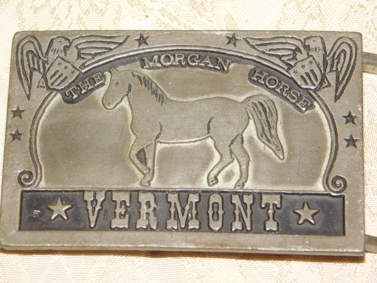 VINTAGE 3 1/2&Prime; WIDE VERMONT THE MORGAN HORSE PEWTER BELT BUCKLE