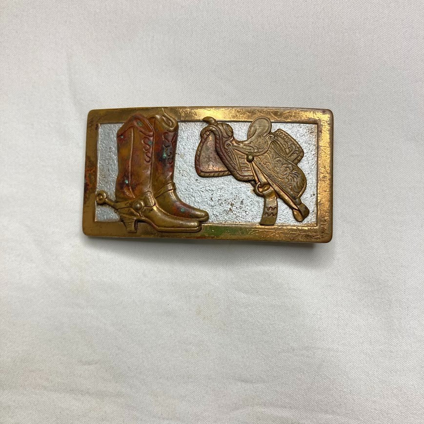 Very Rare Vintage Western Brass Saddle & Buckaroo Boots Cowboy Belt Buckle