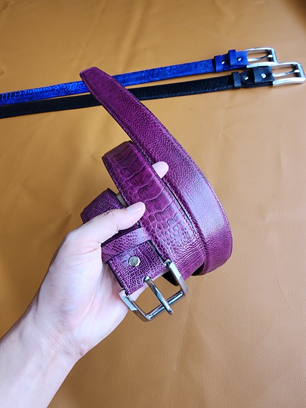 3.8CM Purple 100% Genuine Ostrich Legs Leather Skin Men Belt Buckle-Handmade
