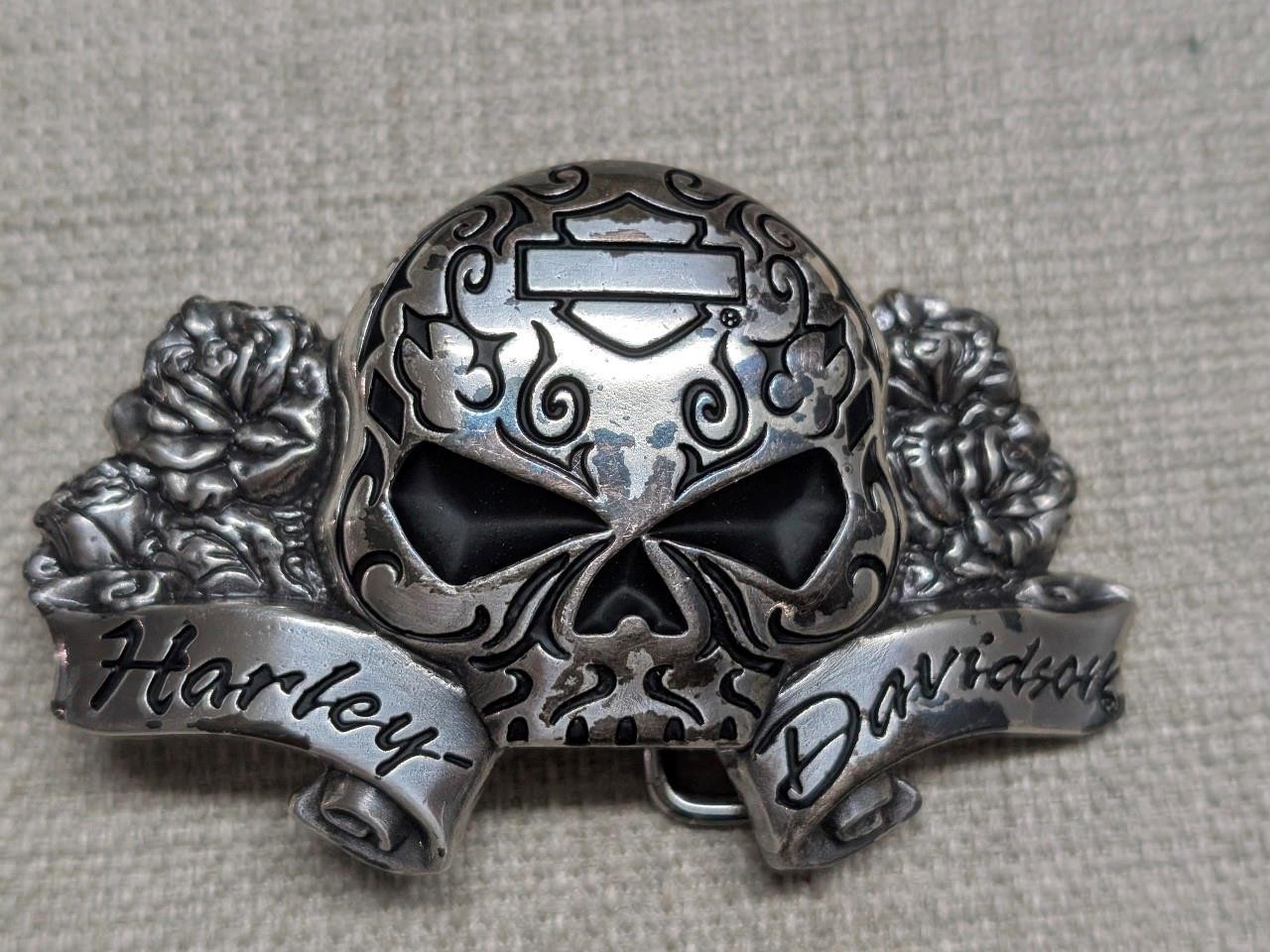 vintage Y2K belt buckle HARLEY DAVIDSON chrome metal SKULL motorcycle WESTERN