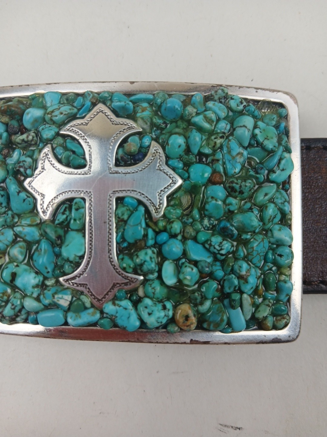 Nocona Silver Tone Western Cross Turquoise Inlay Rectangular Large Belt Buckle