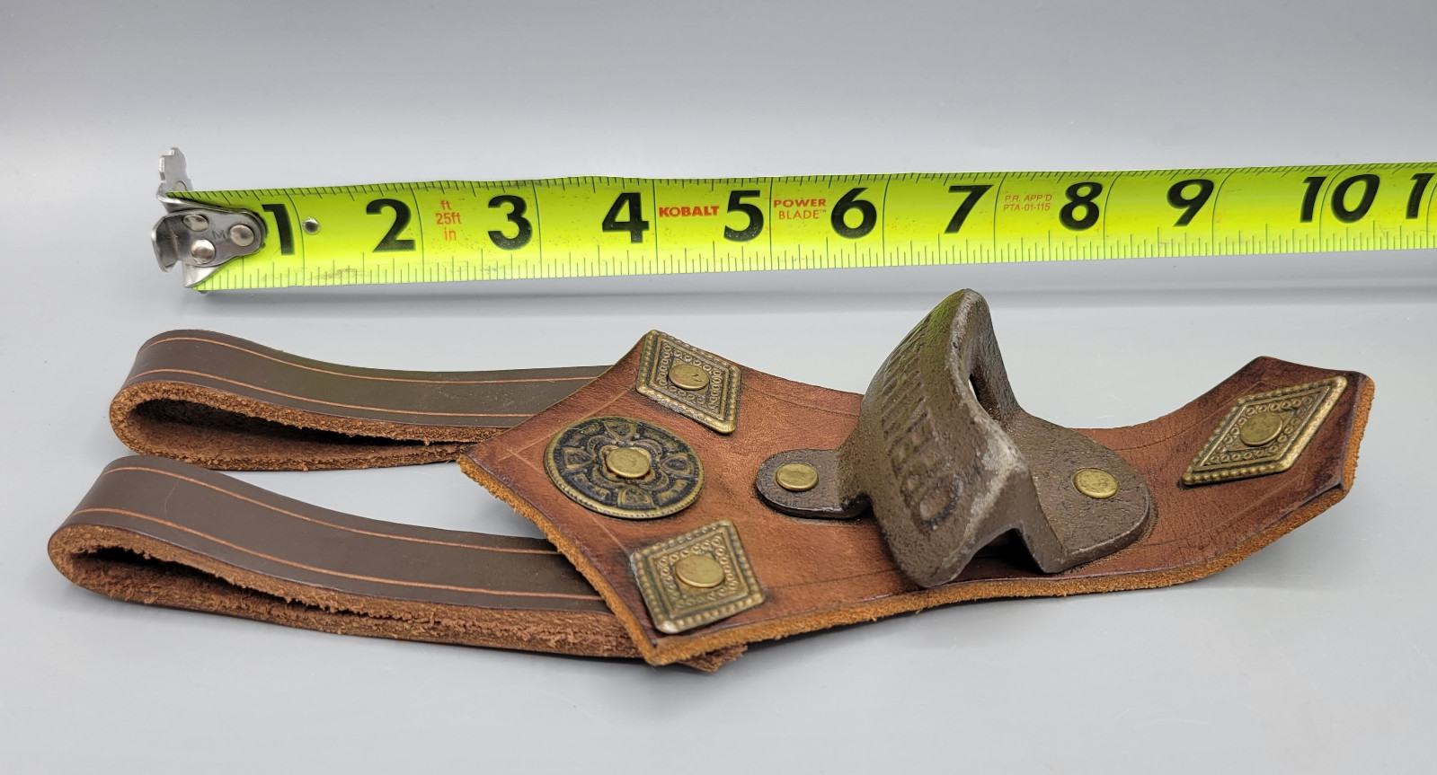 Vintage Cowboy Cast Iron Bottle Opener Brown Genuine Leather Belt Holster