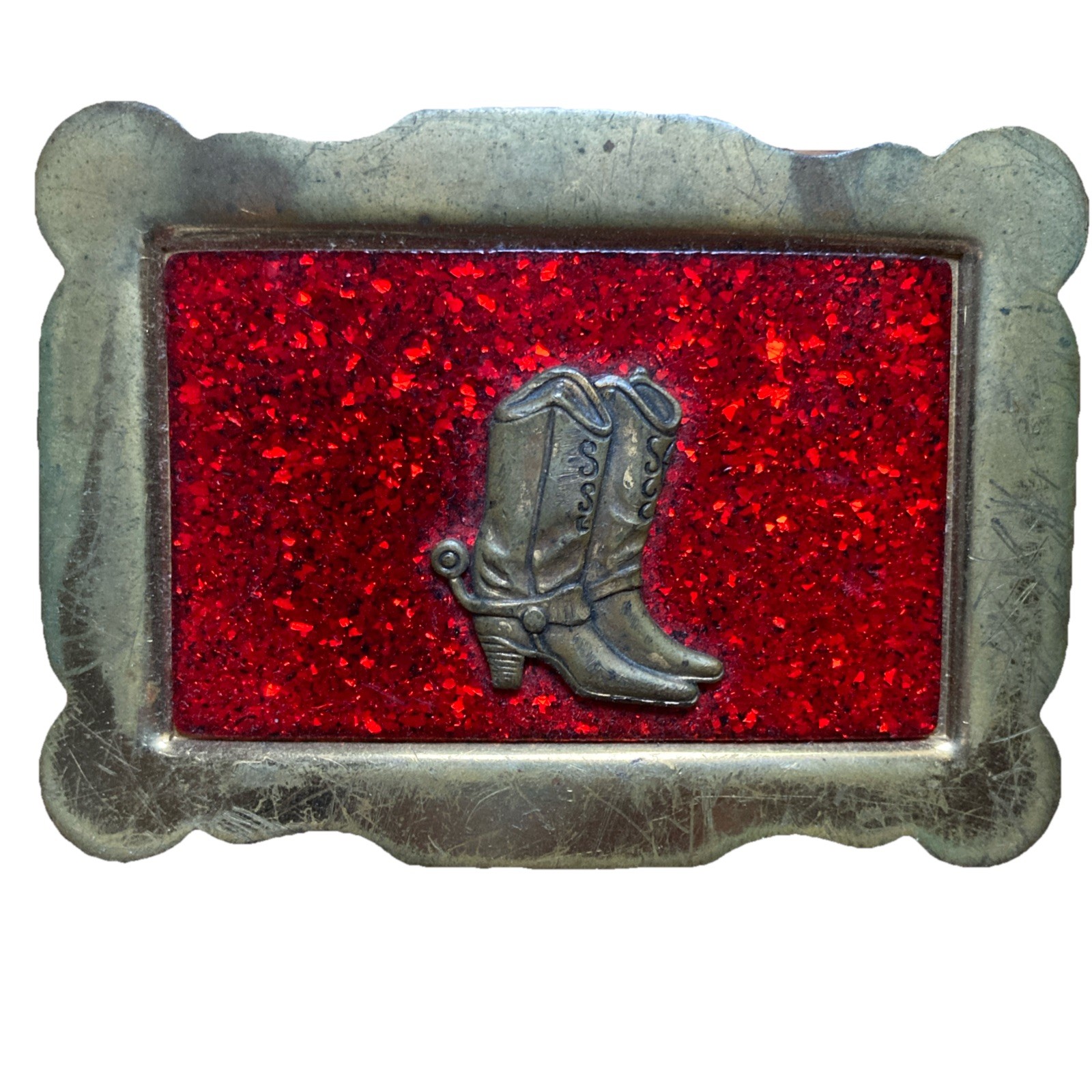 Cowboy Boot Ruby Sparkle Belt Buckle Bronze Red and Gold Ranch Life Montana Wyo