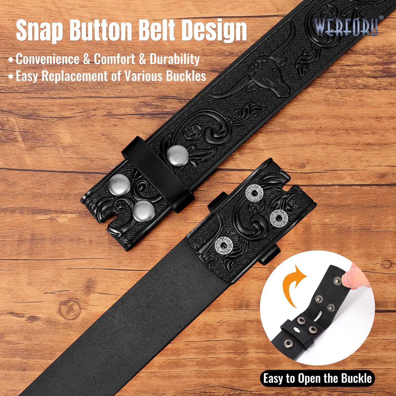 WERFORU Western Leather Belt Strap for Men Women Fit Size 33&Prime;-37&Prime;, A-black
