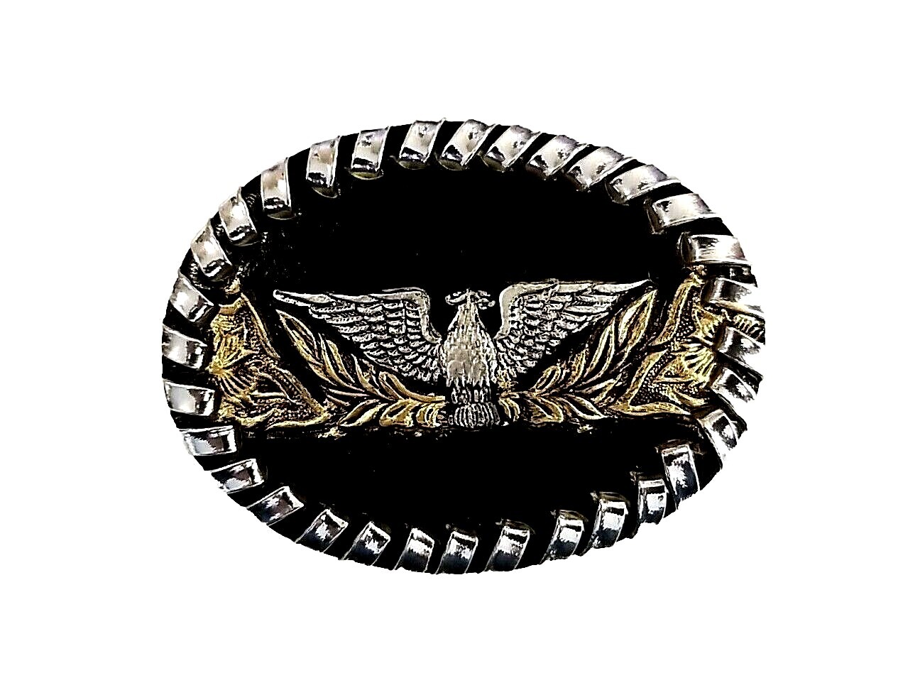EAGLE Belt BUCKLE w/ SILVER Edge LACING Handmade Sm. BLACK LEATHER Western/Biker