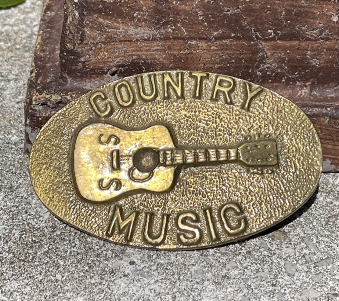 Vtg 1978 Country Music Solid Brass Guitar Belt Buckle Taiwan Western Nashville