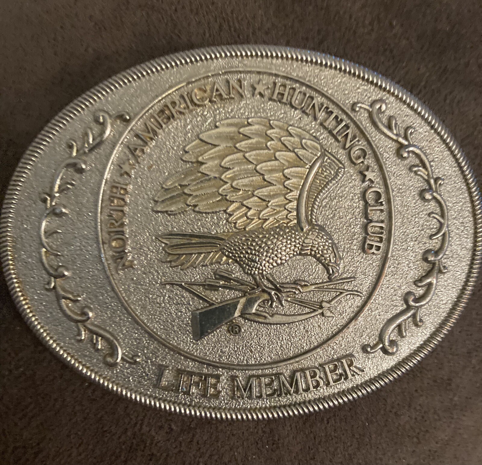 OBO Vintage North American Hunting Club Belt Buckle Eagle Rifle Bow And Arrow