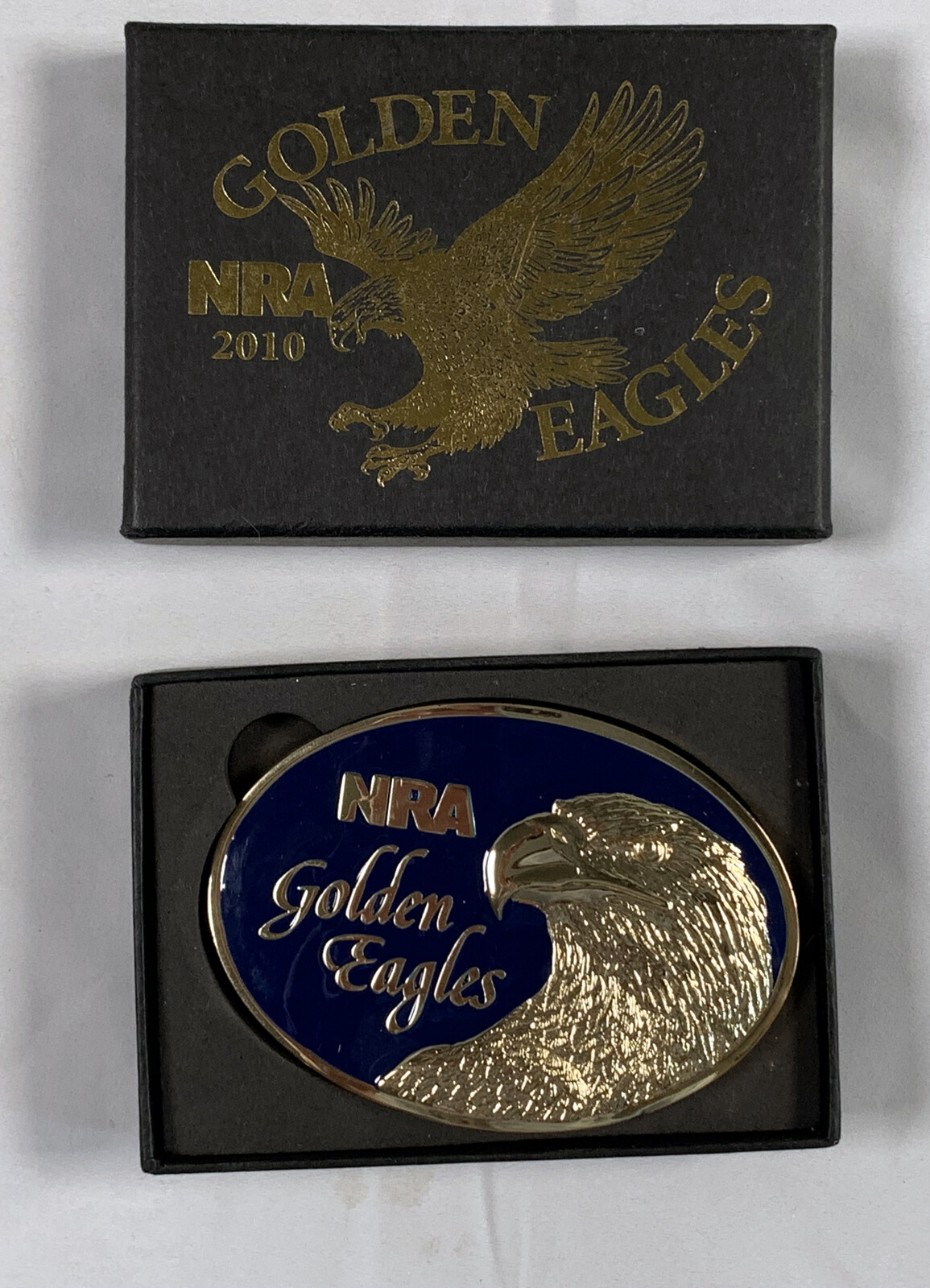 2 NRA National Rifle Association Brass Belt Buckles 2010 Golden Eagles in Boxes