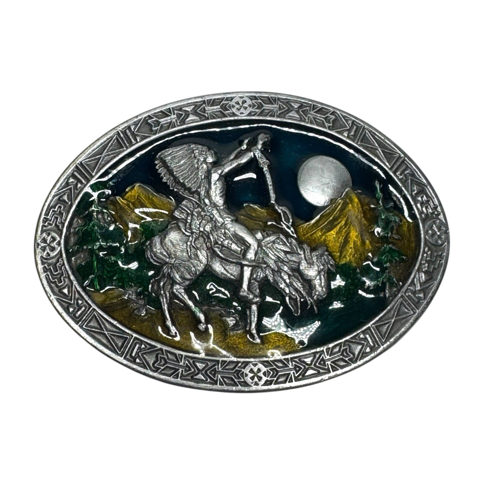 Vintage Indian Chief On Horse Enamel Brass Belt Buckle Great Spirit Bergamot
