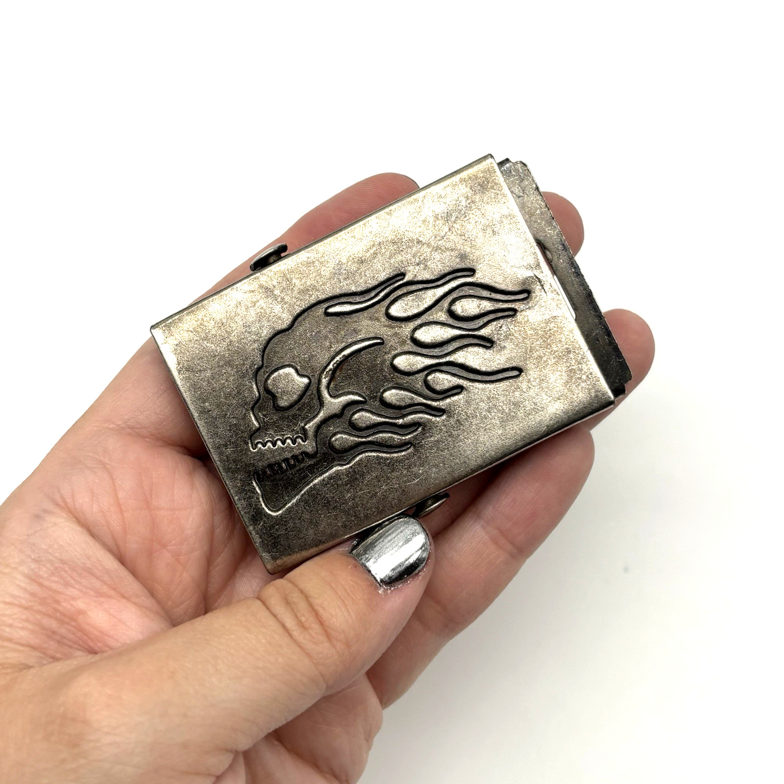 Vintage 90s Silver-tone Metal Flame Skull Military Slide Buckle for 1.5&Prime;Web Belt