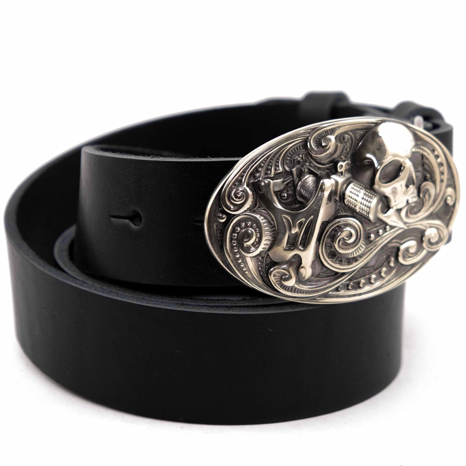 German silver belt buckle tattooist with skull, Tattoo machine, Skull buckle