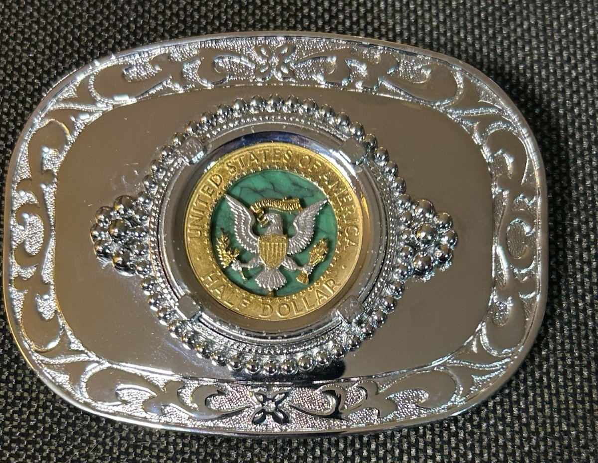 Silvertone Metal 4&Prime;x3&Prime; Buckle Features Coin Cut Kennedy Half Dollar (Back Side)