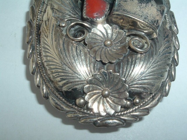 SIGNED R. BEGAY NAVAJO STERLING TURQUOISE CORAL BELT BUCKLE