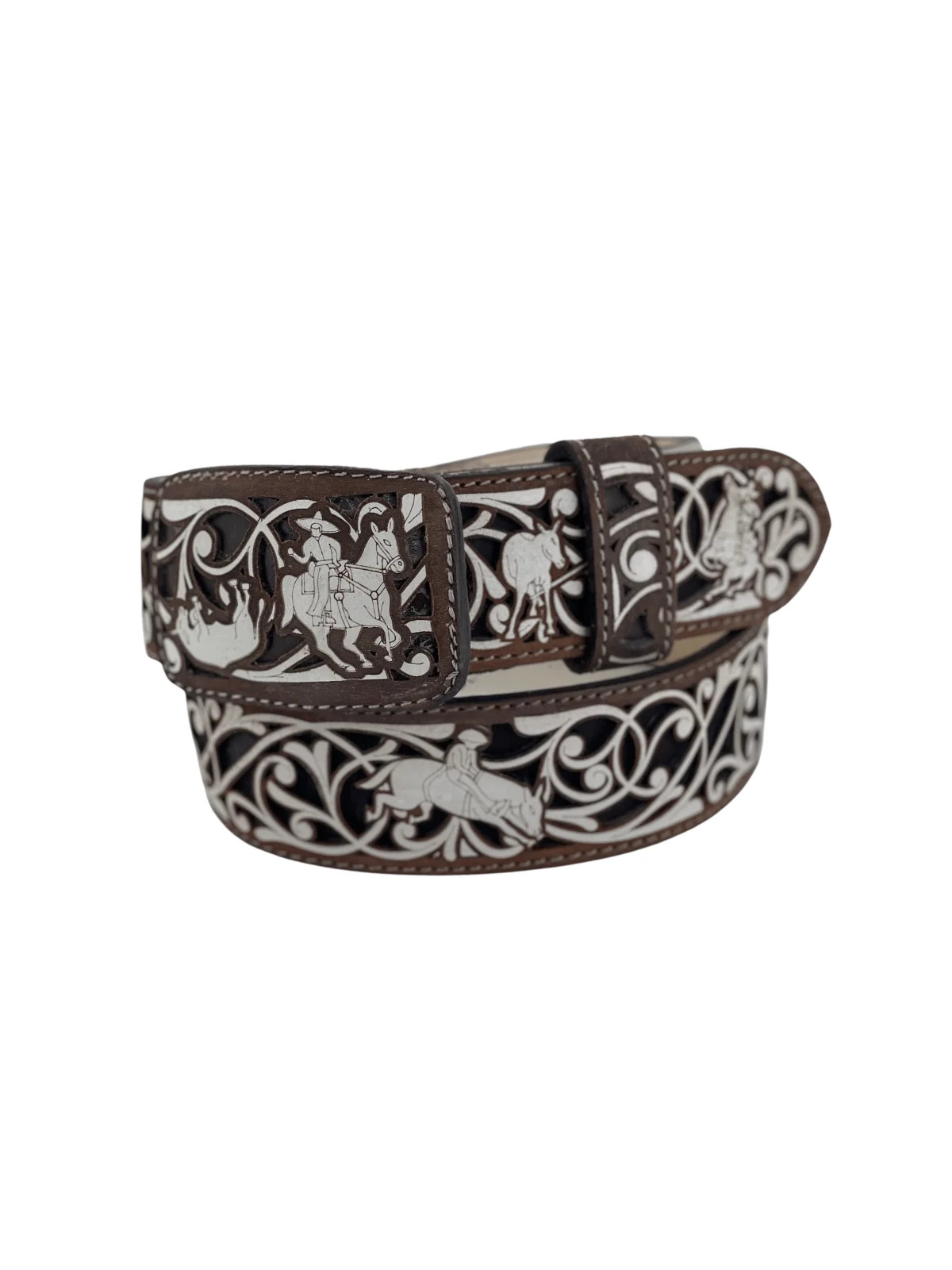 Suerte Charra Brown White Chiseled Charro Leather Belt 2&Prime; Mens Unisex Western