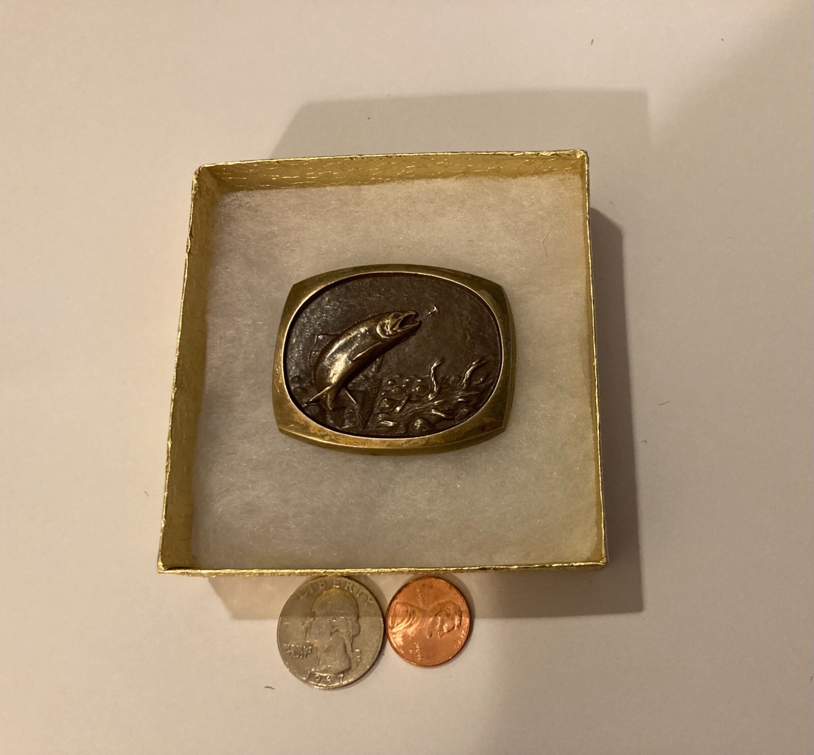 Vintage 1984 Metal Belt Buckle, Fish, Fishing, Steven L. Knight, Solid Bronze, N
