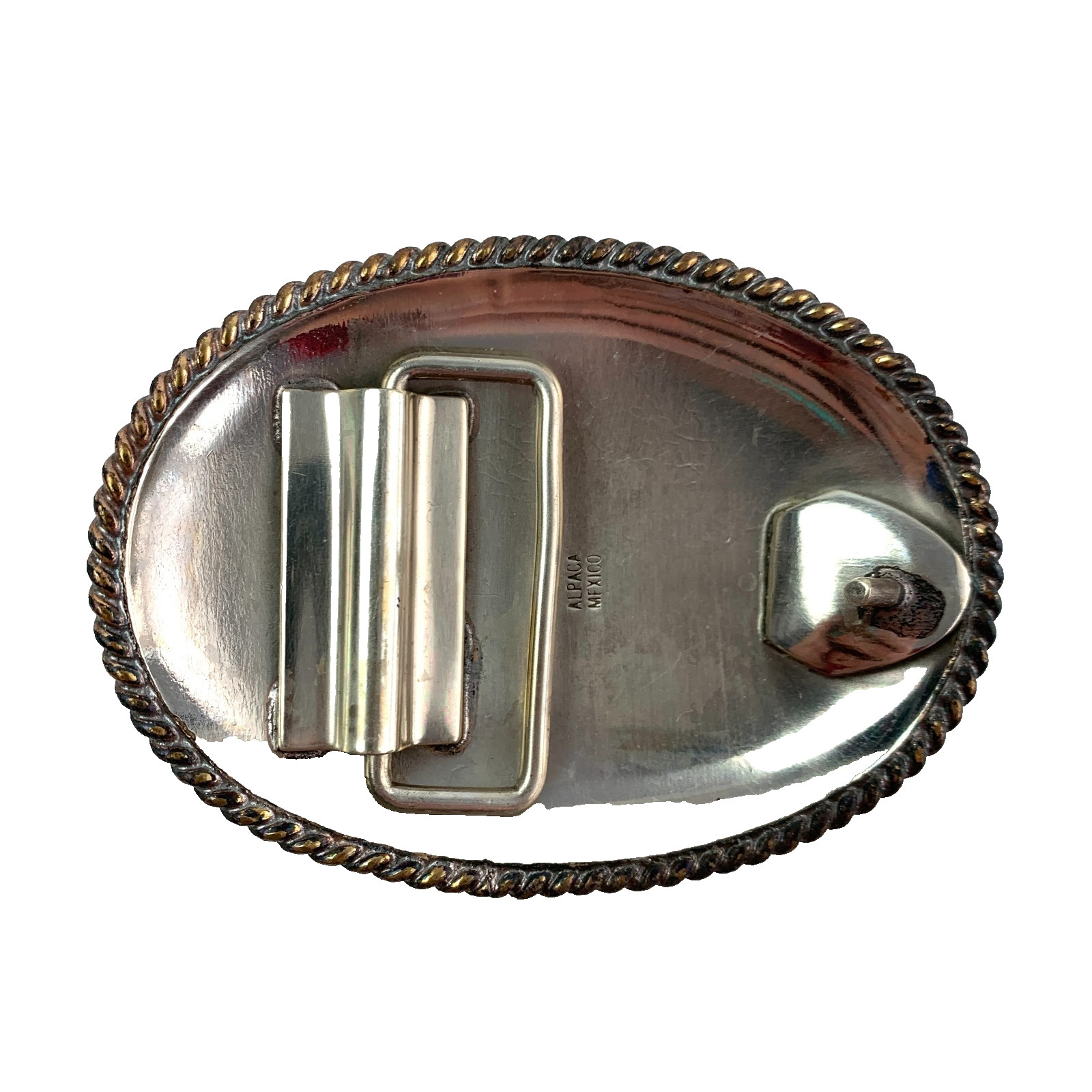 Vintage Alpaca Mexico Calf Roper Etched Silver Metal Belt Buckle