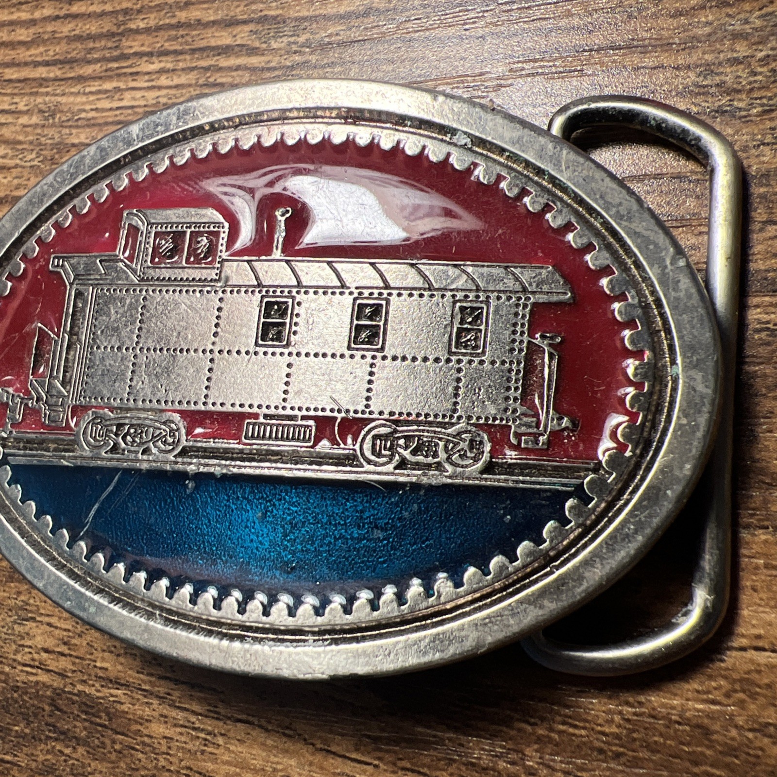 Vintage Belt Buckle Train Railroad Caboose American Red Metal Oval Engraved 2264