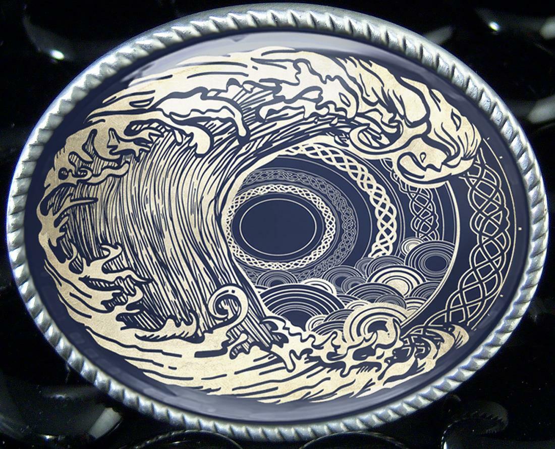 Tsunami Belt Buckle – Ornate Ocean Wave Tattoo Art Handmade Buckle – 33
