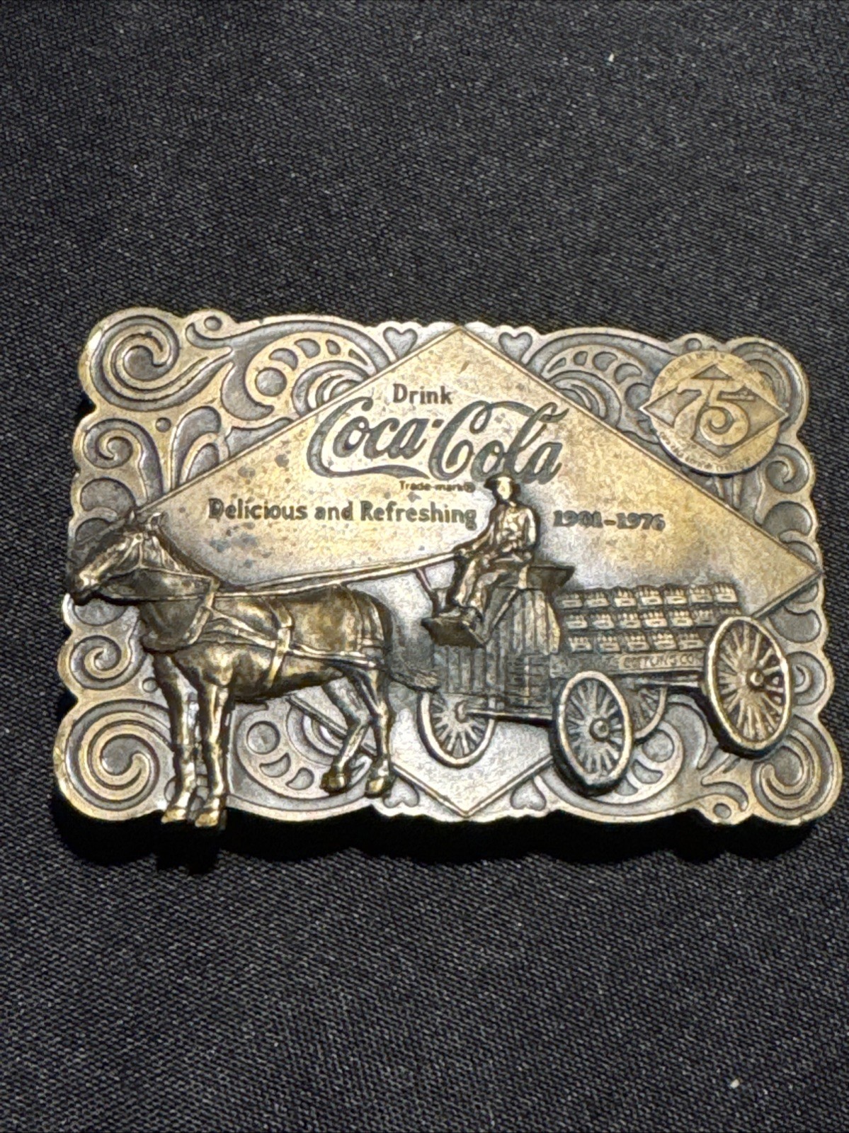 Vintage Coca-Cola 75th Anniversary Brass Belt Buckle w/ Bottle Opener 1976 USA