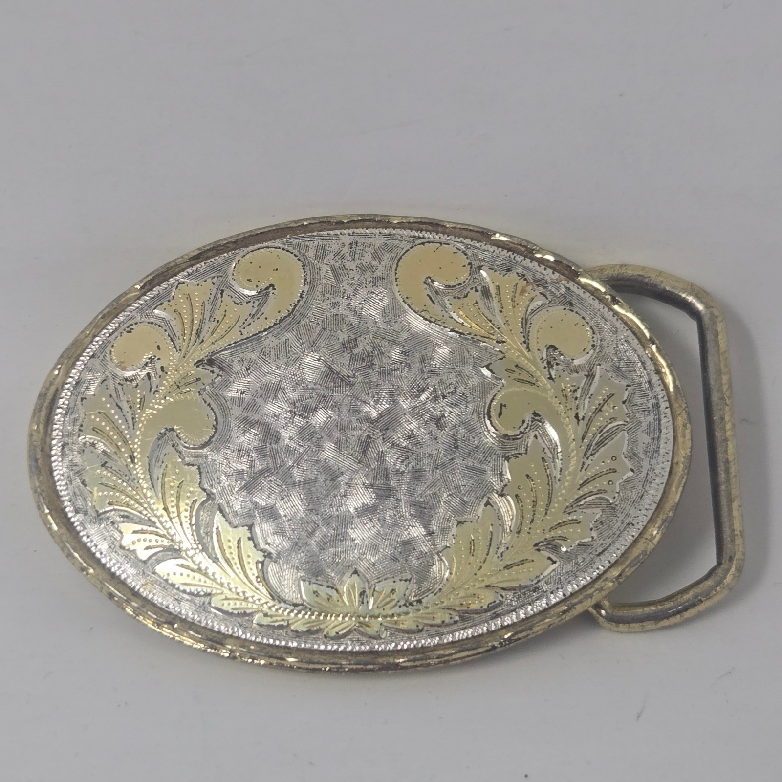 Vintage Western Belt Buckle Silver Gold Tone Floral Filigree Engraved Oval USA