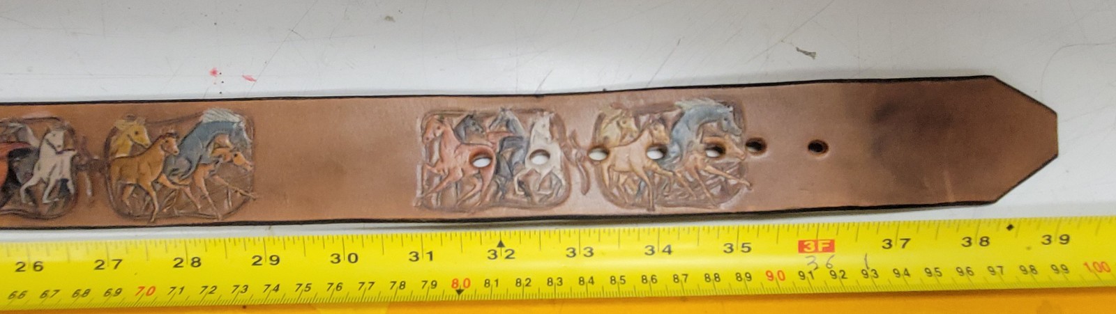 Sky West Brass Wood Inlay Buckle n Stamped Leather Belt