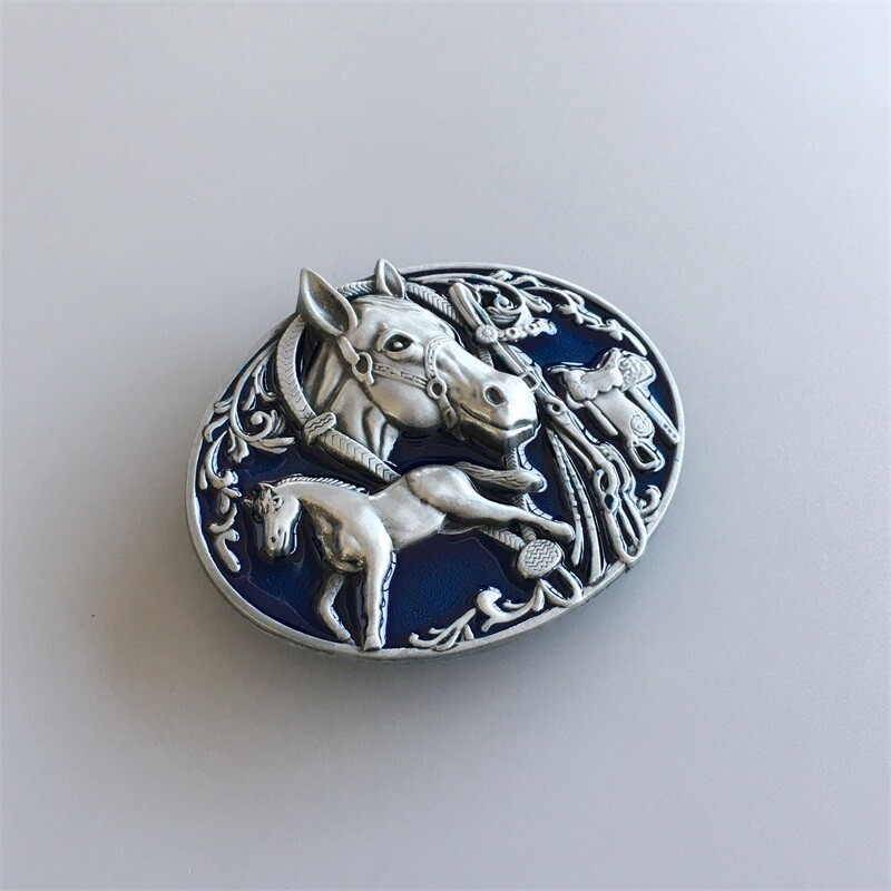 Antique Silver Enamel Horses Rodeo Western Belt Buckle also Stock in the US
