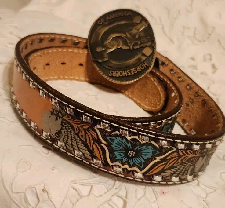 HORSESHOERS AMERICA AWARD DESIGN SOLID BRASS BUCKLE W/ LEATHER WILSON BELT SZ40
