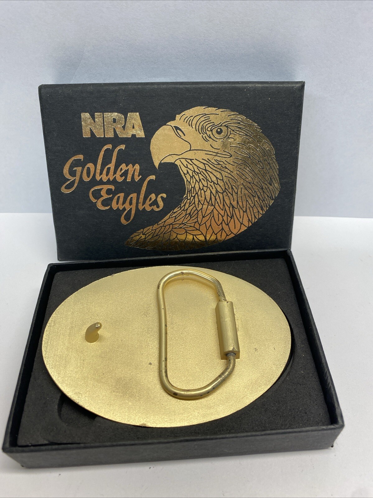 NRA Golden Eagles Belt Buckle in Original box VTG NIB USA 4&Prime;x3-1/2&Prime; Blue & Gold