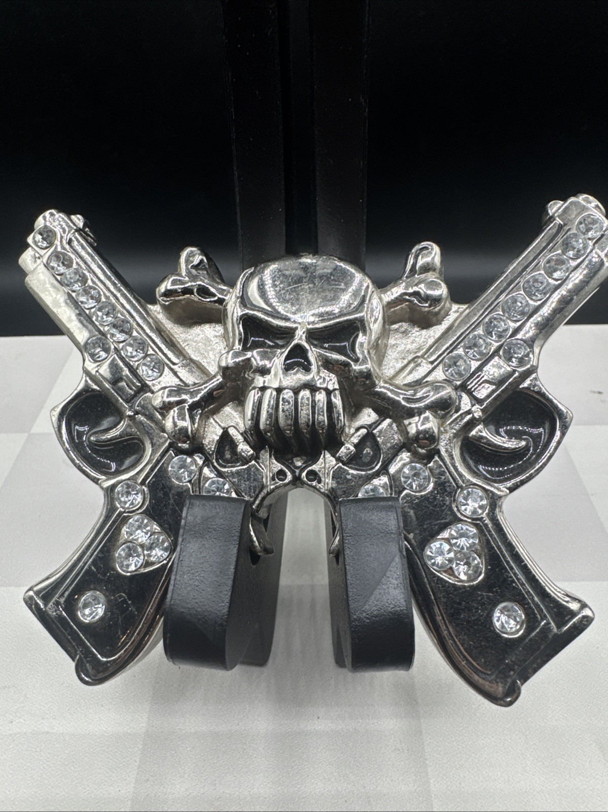 Rockin Rebel / Jeweled Skull And Guns Buckle / Rhinestones Belt Unisex 4”X3.5”