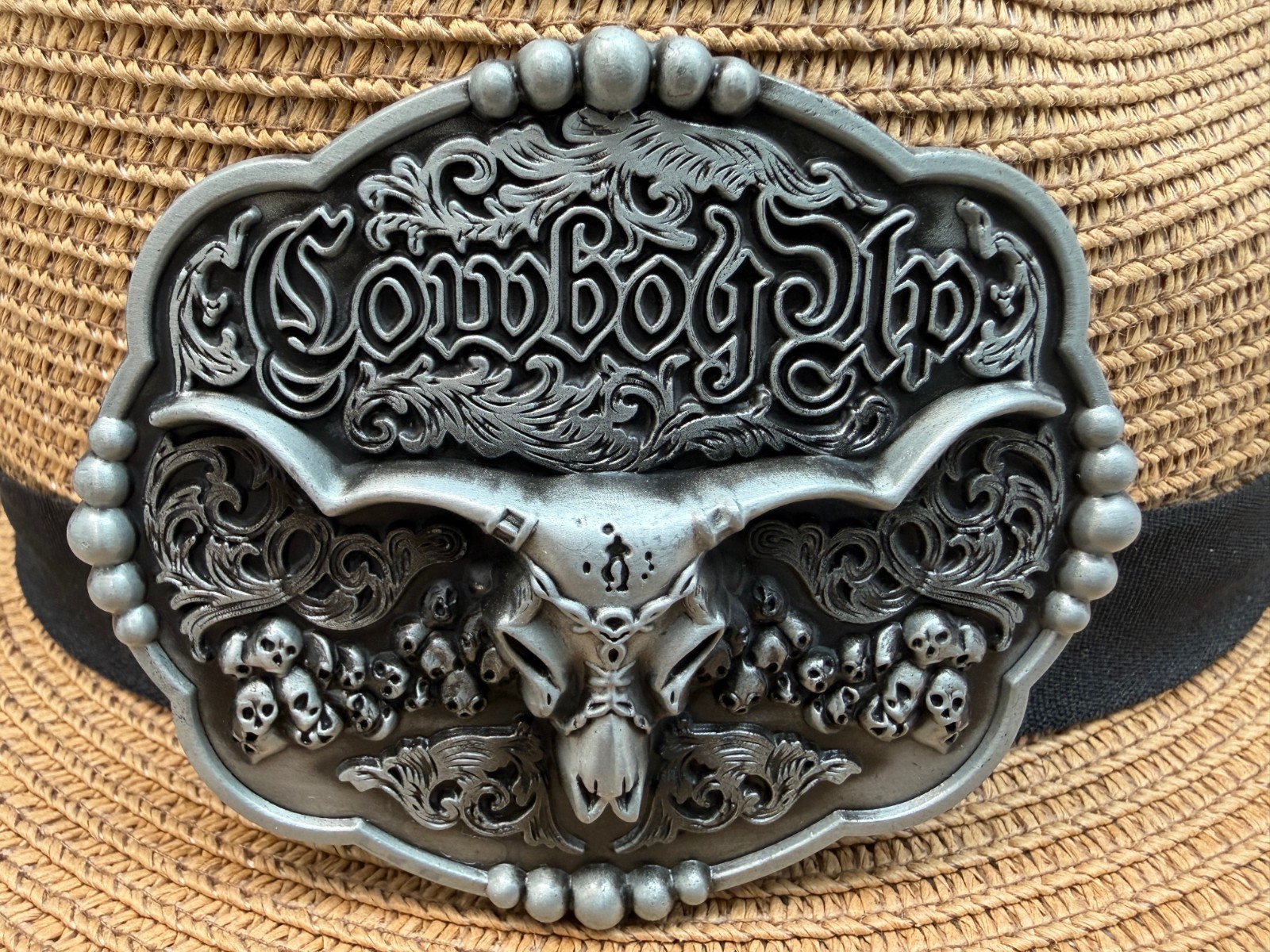 Western Cowboy Antiqued Silver Long Horn Bull Cowboy Up Belt Buckle
