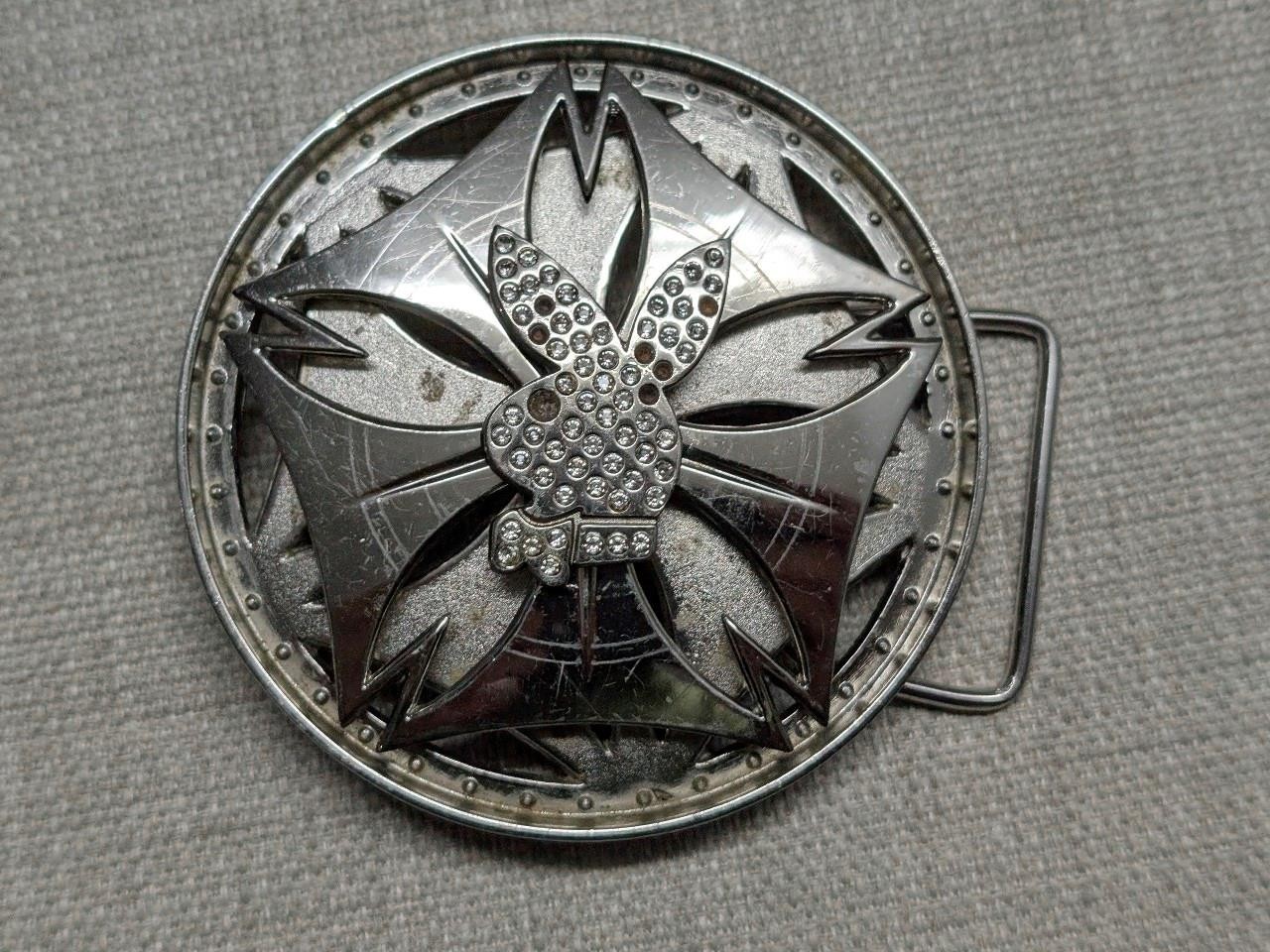 vintage PLAYBOY belt buckle SPINNER chrome BUNNY metal rhinestone STUDDED