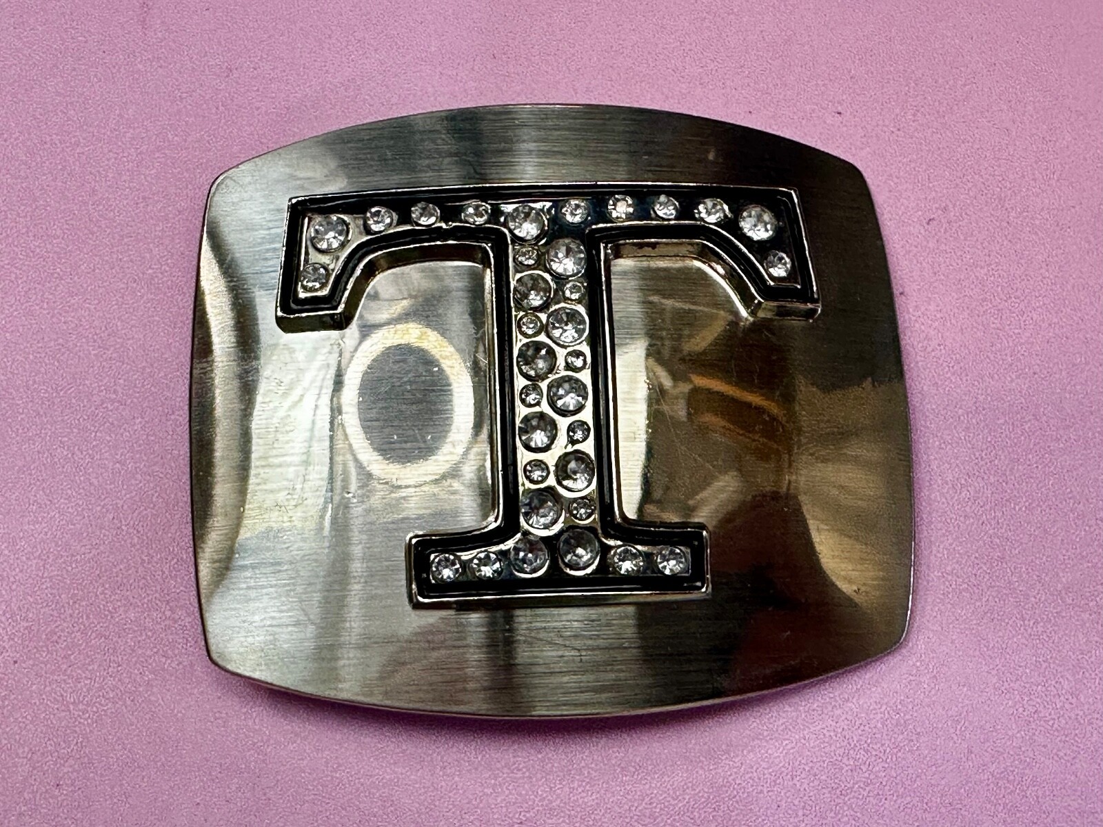 Letter Initial T – Silver color Vintage Belt Buckle – Missing Rhinestone?