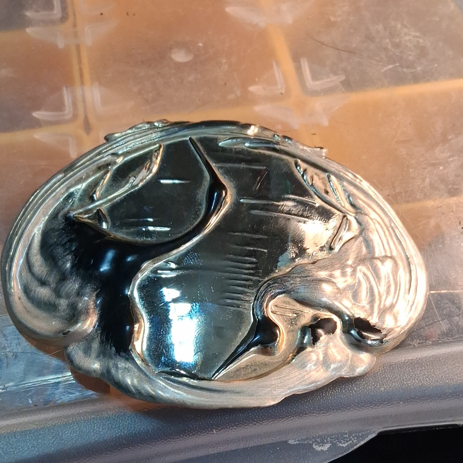 Vintage Charmant Beverly Hills Belt Buckle Enamel Crane Birds Gold Silver Tone
