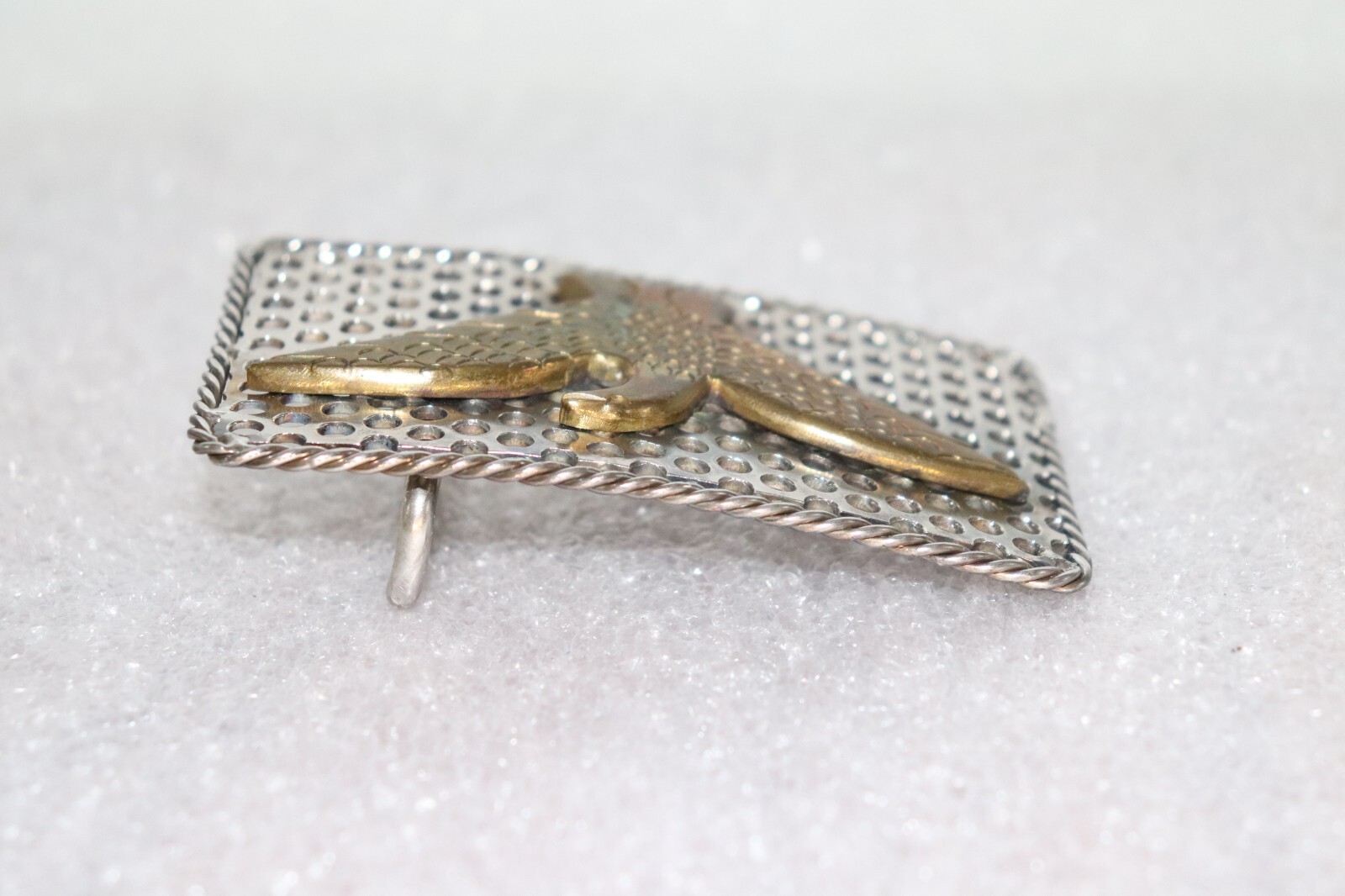 Industrial Brass Mounted Eagle on Perforated Steel Belt Buckle