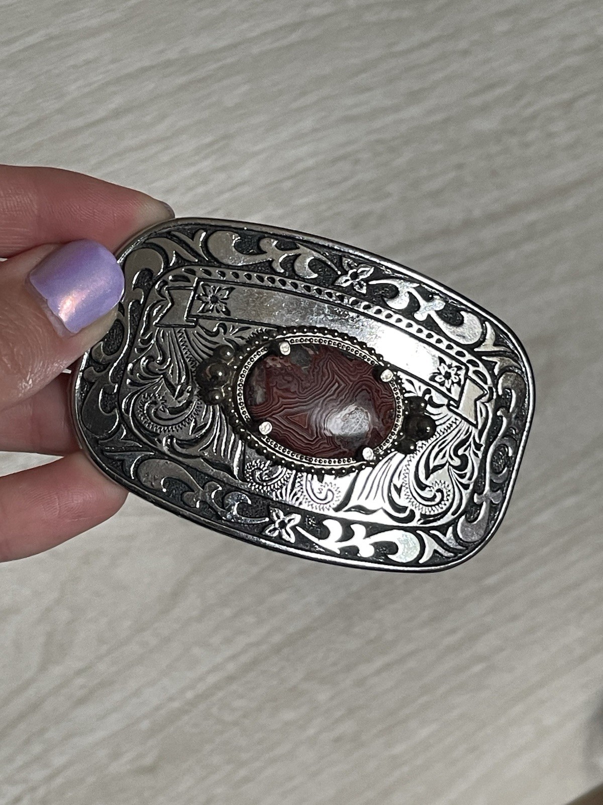 VTG Western Country Silver Tone Rhodochrosite Stone Belt Buckle 3.25&Prime; x 2&Prime;