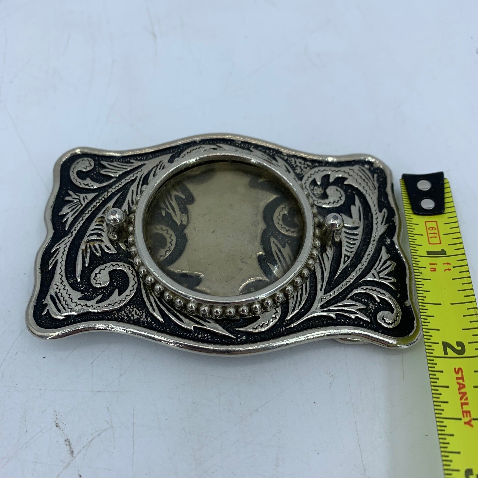 Vintage Western Belt Buckle Silver Tone Floral Engraved Scroll Rockabilly Rodeo