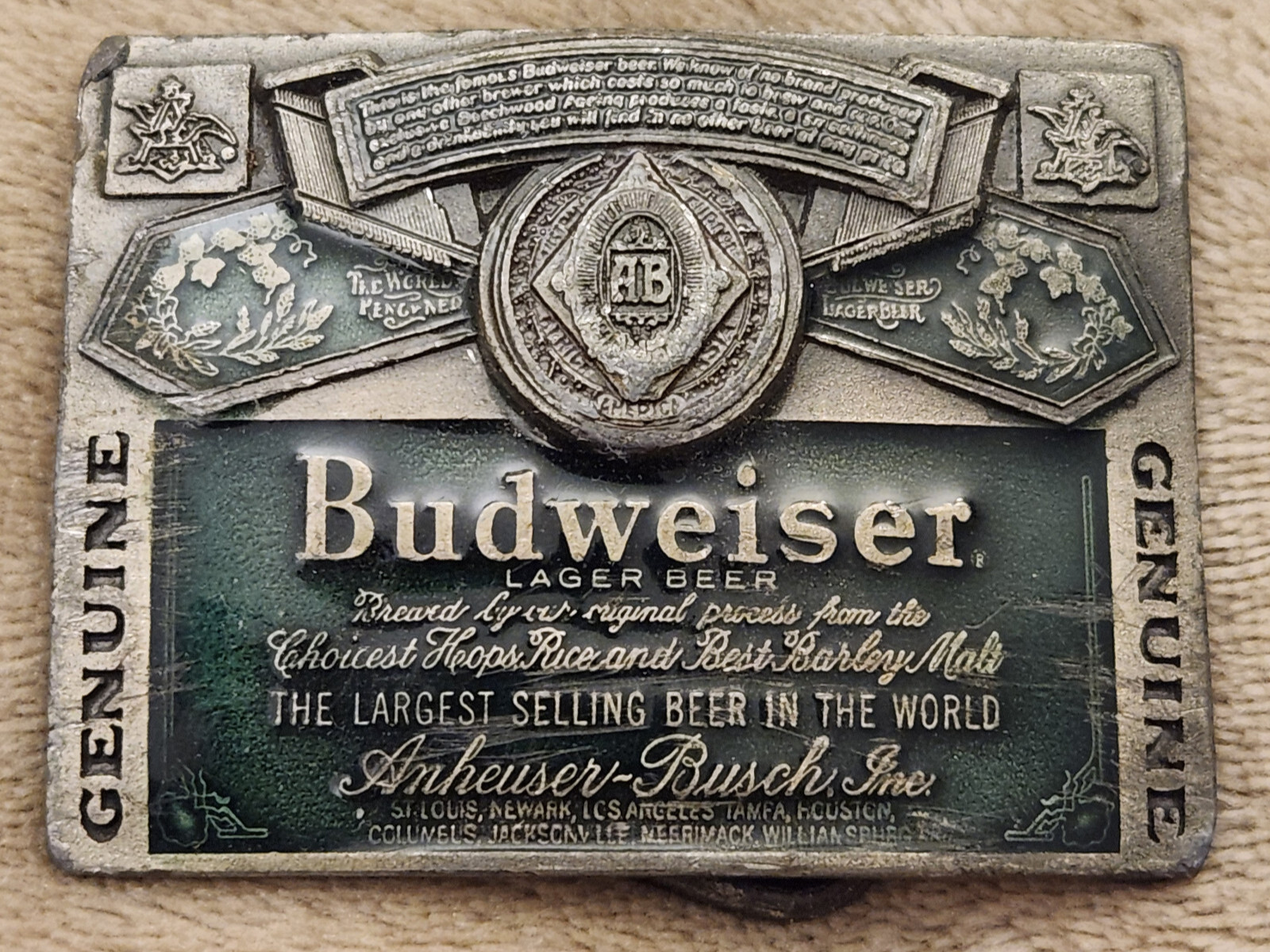 Vtg Indiana Metal Craft Anheiser Busch Budweiser Beer Enamel Belt Buckle BB27