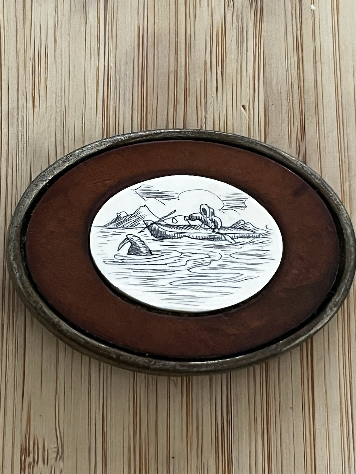 Oval Nautical Boat Scene Western Belt Buckle Brown Silver Tone Metal 1.5in