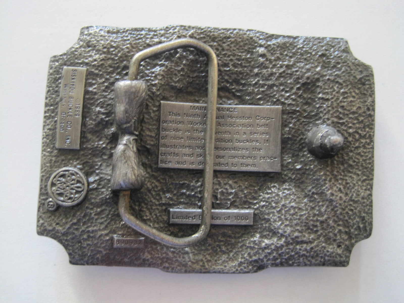 1989 Hesston Corporation Workers Association Belt Buckle By Siskiyou Pewter Tone
