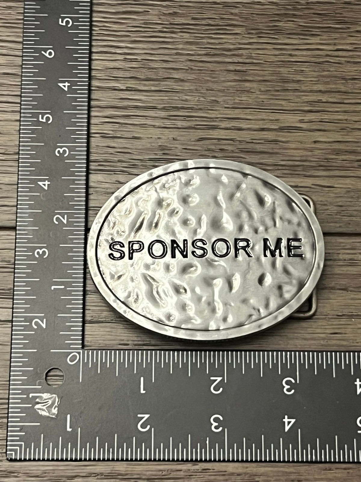 Buckle Rage Belt Buckle Mens Oval SPONSOR ME Hammered Silver Metal Vintage 3in
