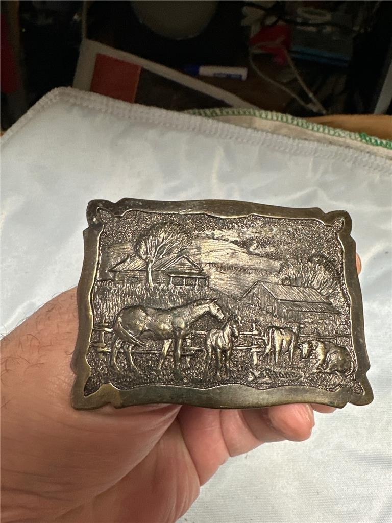 Vintage 1977 Chevron Chemical Company Brass Belt Buckle Wyoming Studilo Artworks