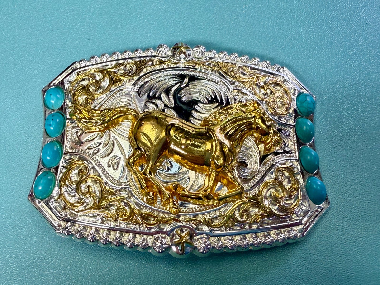 Running Galloping Mustang Stallion Horse W/ Faux Turquoise Stones Belt Buckle