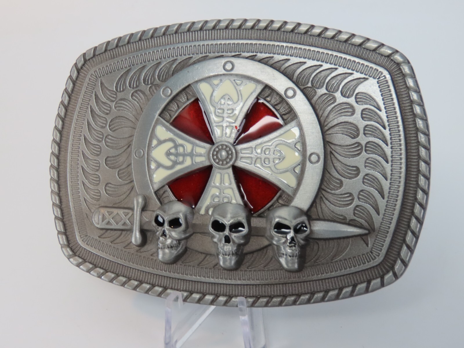 Celtic Shield Skull Sword Metal Belt Buckle Pewter Tone Enameled New