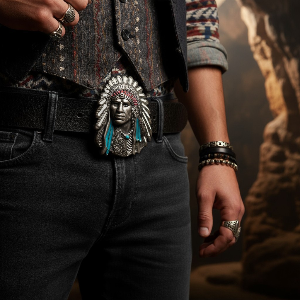 Men Silver Metal Western Fashion Belt Buckle Cowboy Native American Indian Face