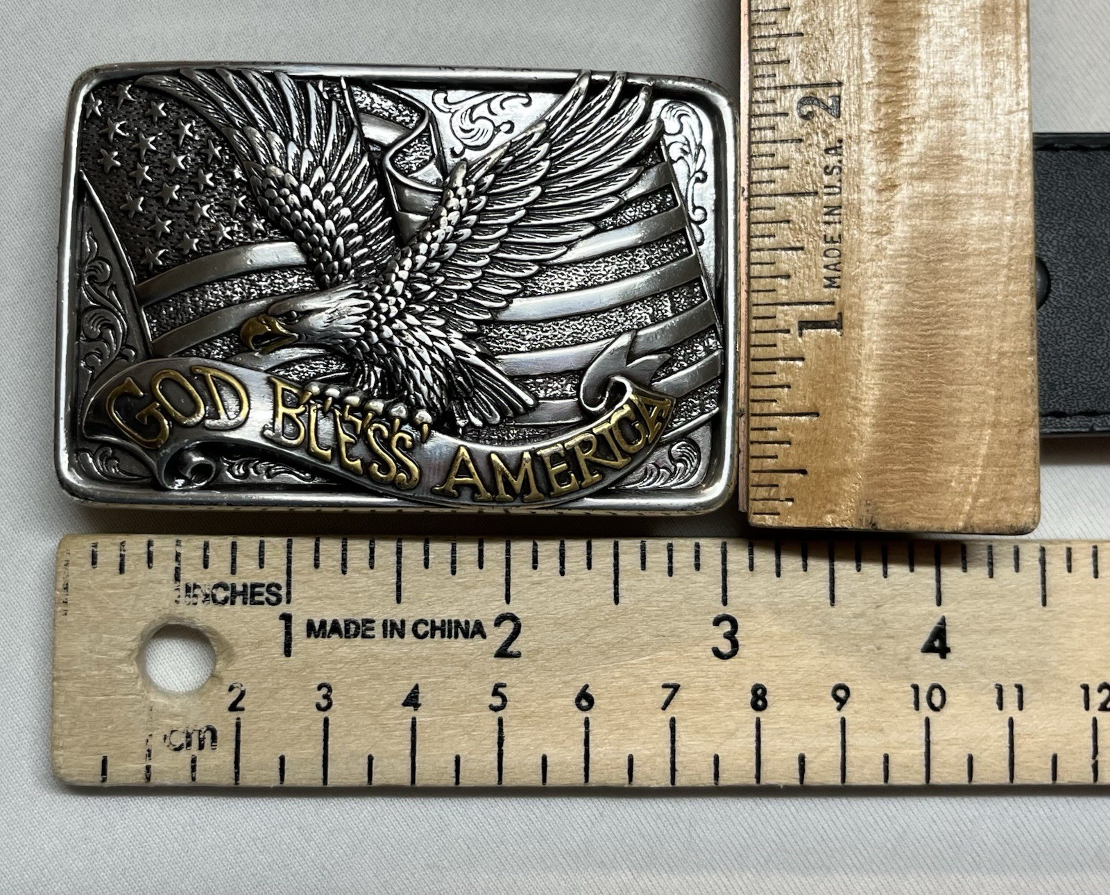 Patriotic Buckle & Black Bonded Leather Belt Sz 44 God Bless America Eagle Flag