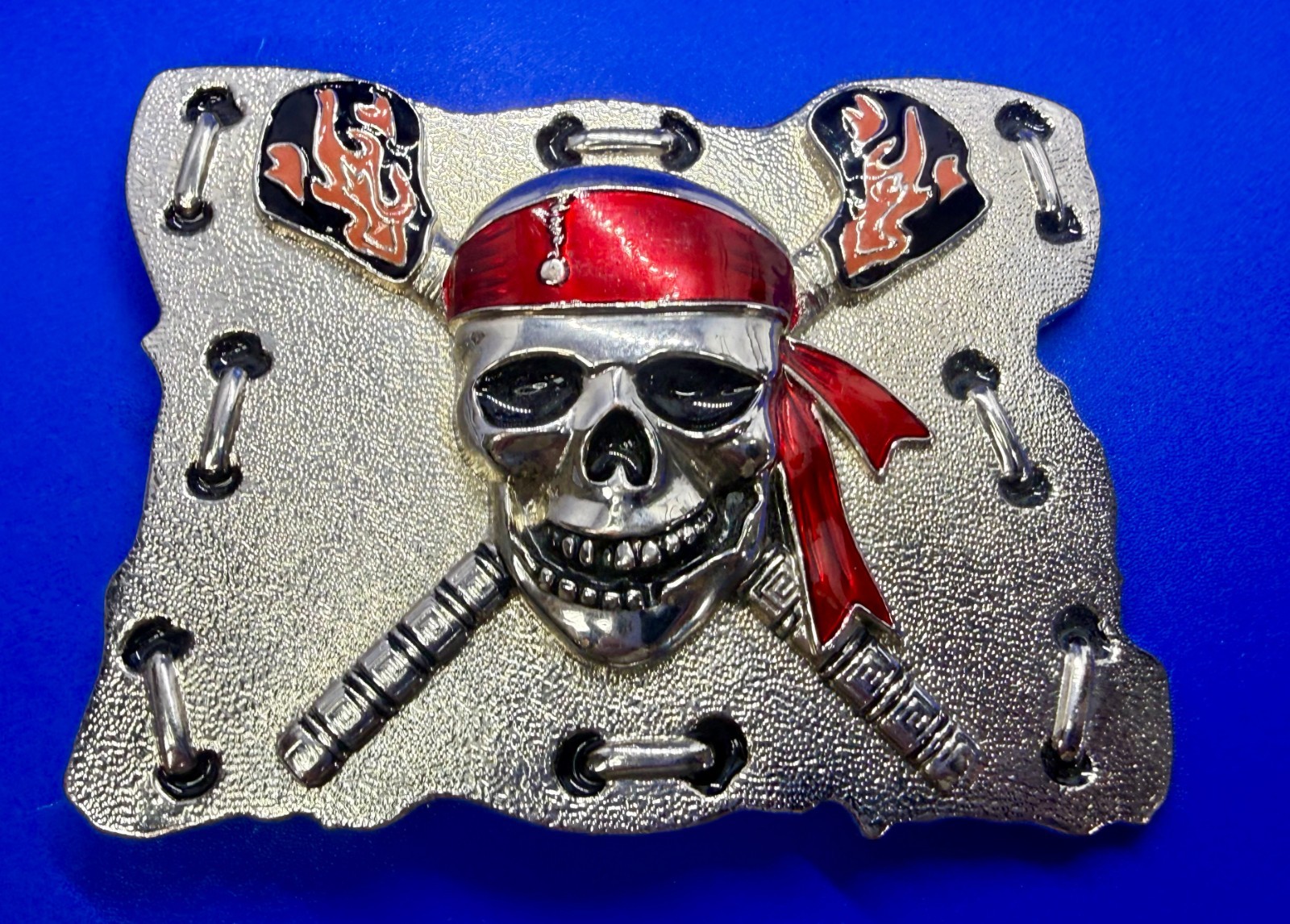 Raised Pirate Skull in Red Bandana Swords Gothic Punk Biker Vibe Belt Buckle