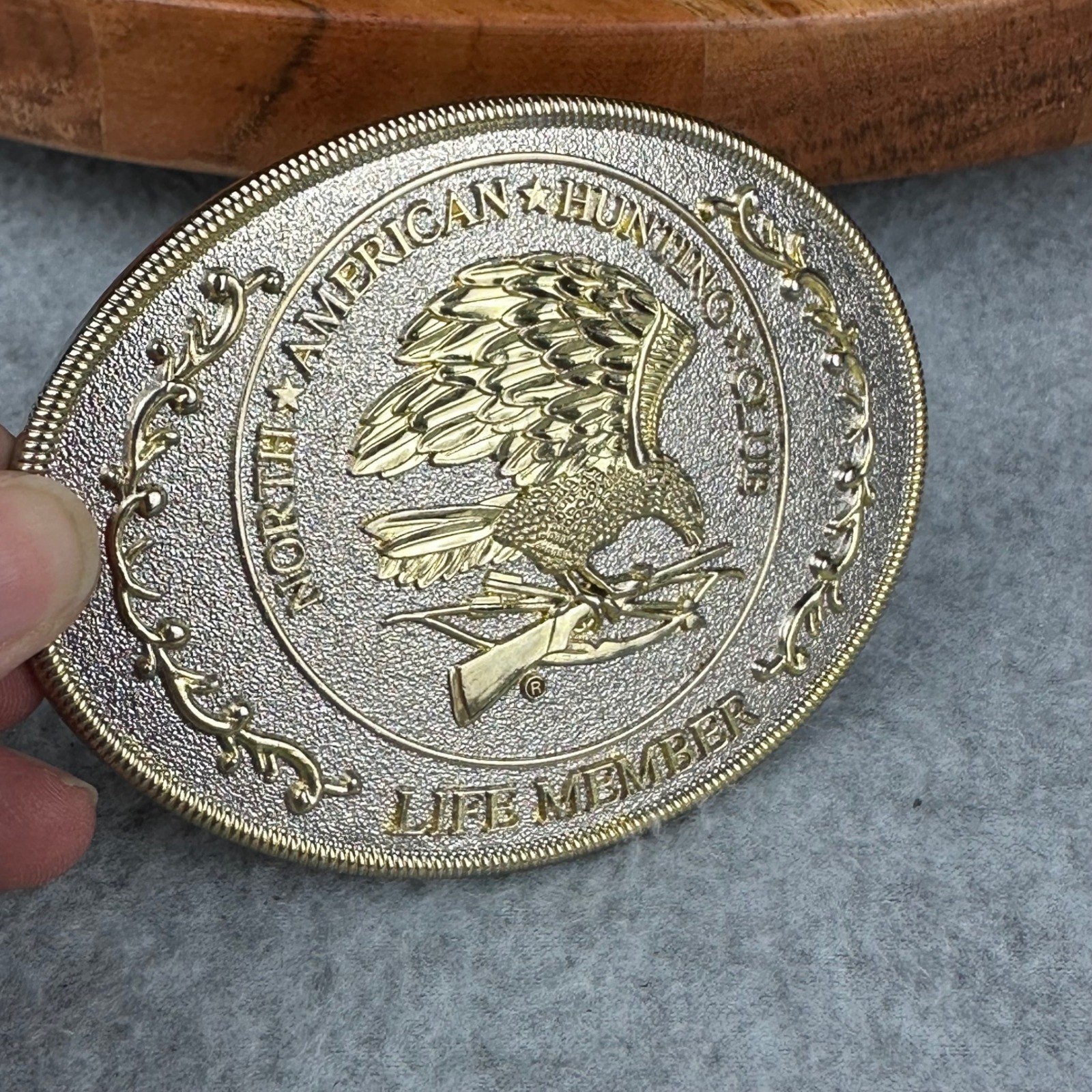 North American Hunting Club Life Member Belt Buckle Gold Silver Eagle Rifle Oval